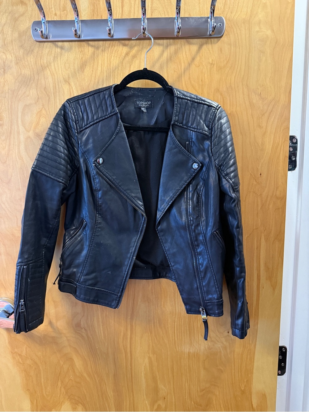 Topshop Black Quilted Shoulder Faux Leather Moto Jacket